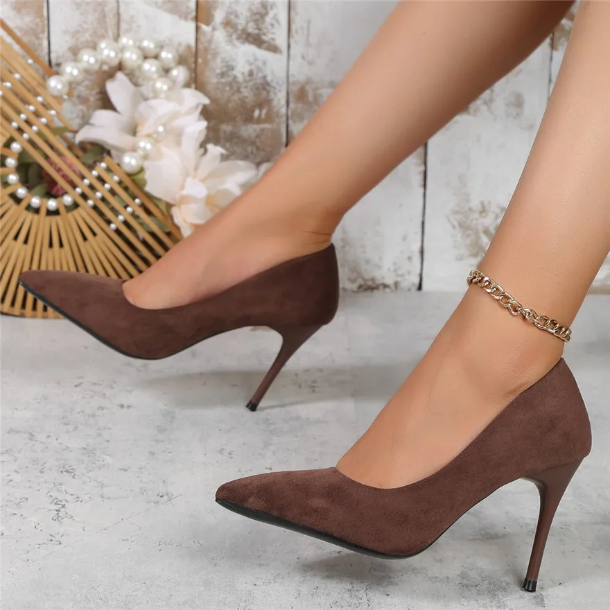 Concise Ladies Office Shoes Autumn Solid Flock Pointy Toe High Heels Shoes Shallow Wedding Female Pumps Sexy Size 35-43