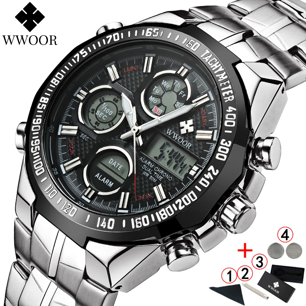 WWOOR Luxury Fashion Men Watch Sports Watch For Men Chronograph Dual Display Quartz Wristwatch Steel Band Waterproof Male Clock