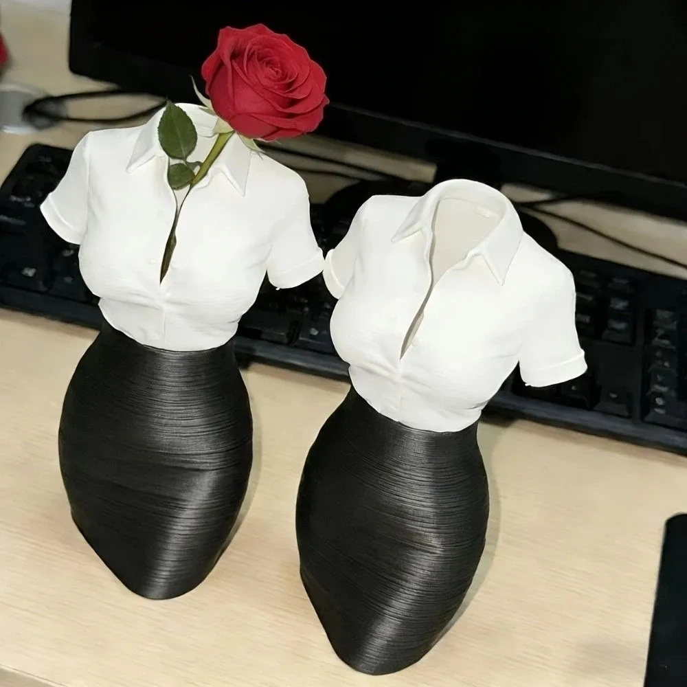3D Printed Lady Half-Body Statue White Shirt Leather Skirt Office Lady Statue Vase Desk Art Simulated Texture