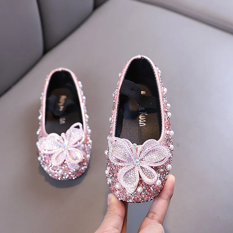 

JGSHOWKITO Spring Autumn Children Leather Shoes Girls Dress Mary Jane Shoes Kids Princess Ballet Flats with Rhinestone Butterfly