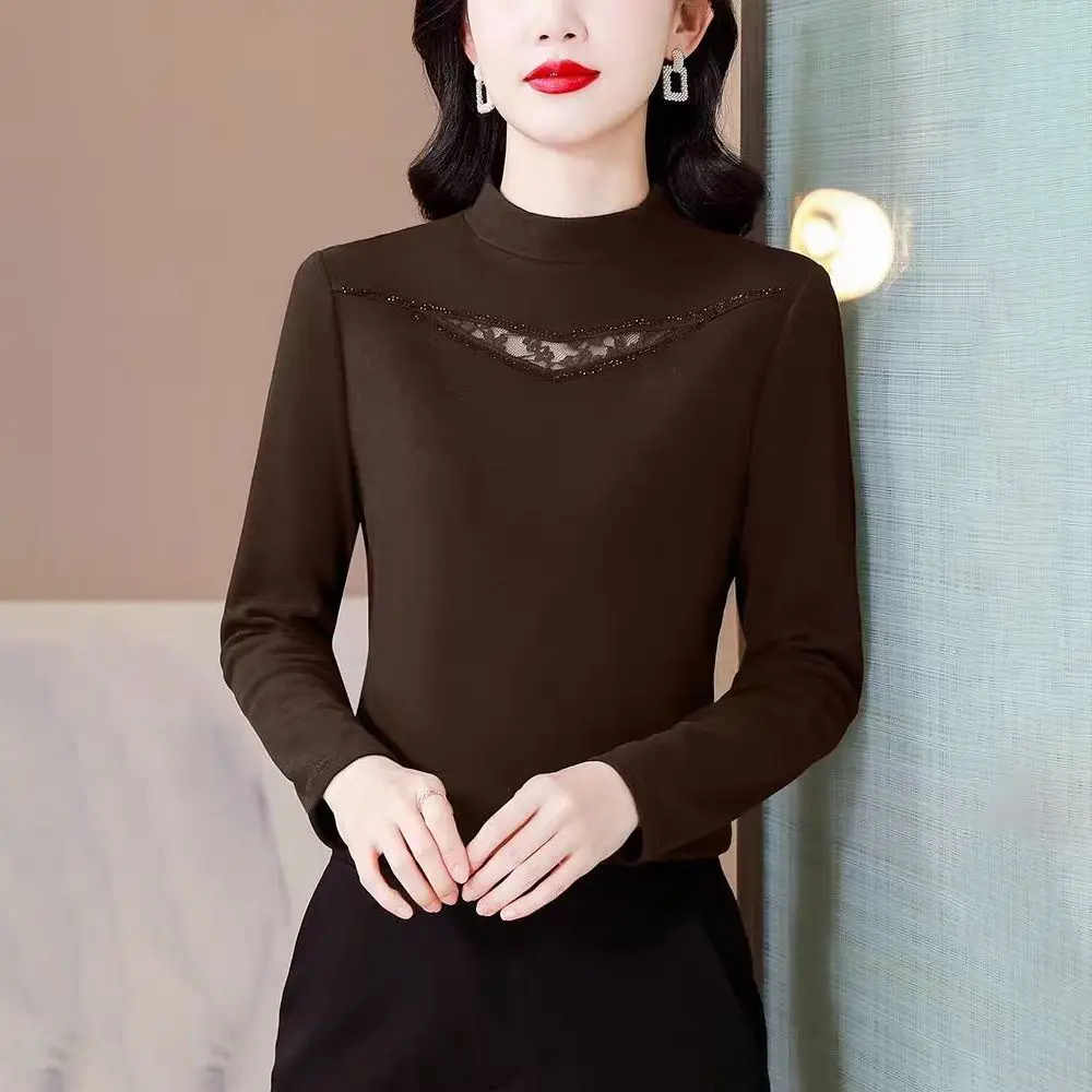 بلوزة نسائية أنيقة مع دانتيل بتفاصيل الياقة المدورة وأكمام طويلة بقصة ضيقة لملابس الربيع والخريف #5