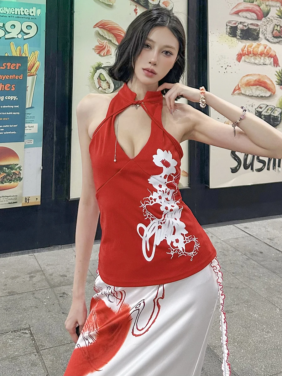 

Weird Puss Oriental Elegance Trendy Print Sleeveless Vest Women's Slim Fit Skirt Hot Girl Set Elegant Style Summer Outfit