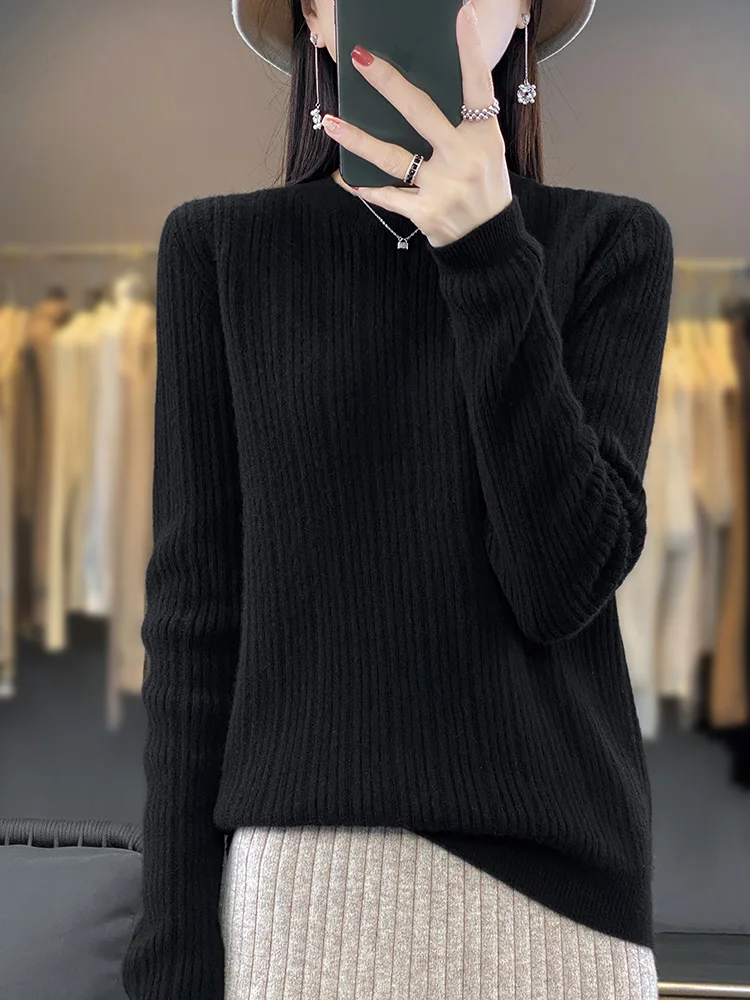 Women's Pullovers O-Neck Striped Sweater 100% Merino Wool Knitwear Autumn Winter Soft Casual Loose Basics Thick Tops