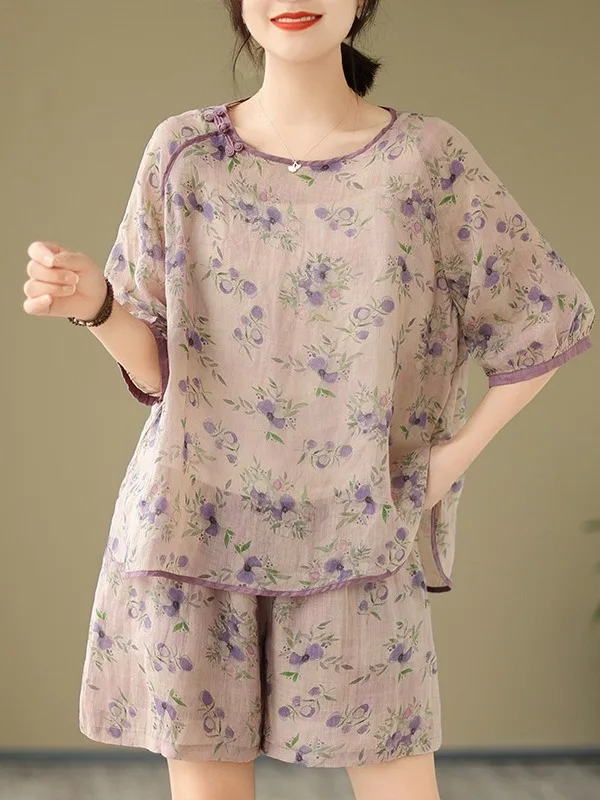 Ele Set irt orts con stampa in cotone e lino Completo estivo Faion da donna Completo in due pezzi con bottoni e dettagli