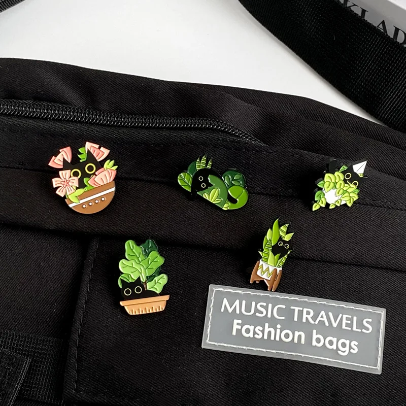 Cute Cartoon Black Cats Metal Pins Plants Leaf Brooches Flower Badges Denim Lapel Pin Jewelry Gifts for Kids Women Bags Backpack