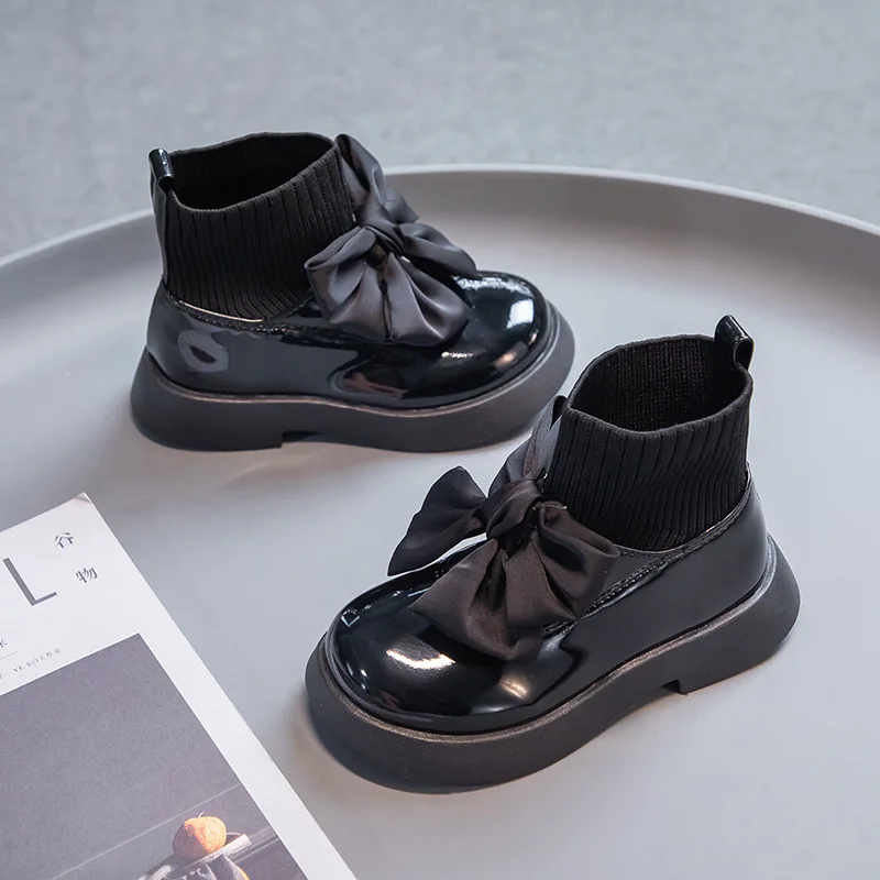 Girl Shoe 2023 Autumn New Fashion Black Small Leather Shoe Sweet Princess Shoe Platform Girl Boot Allmatch Ankle Boots Kid Shoes