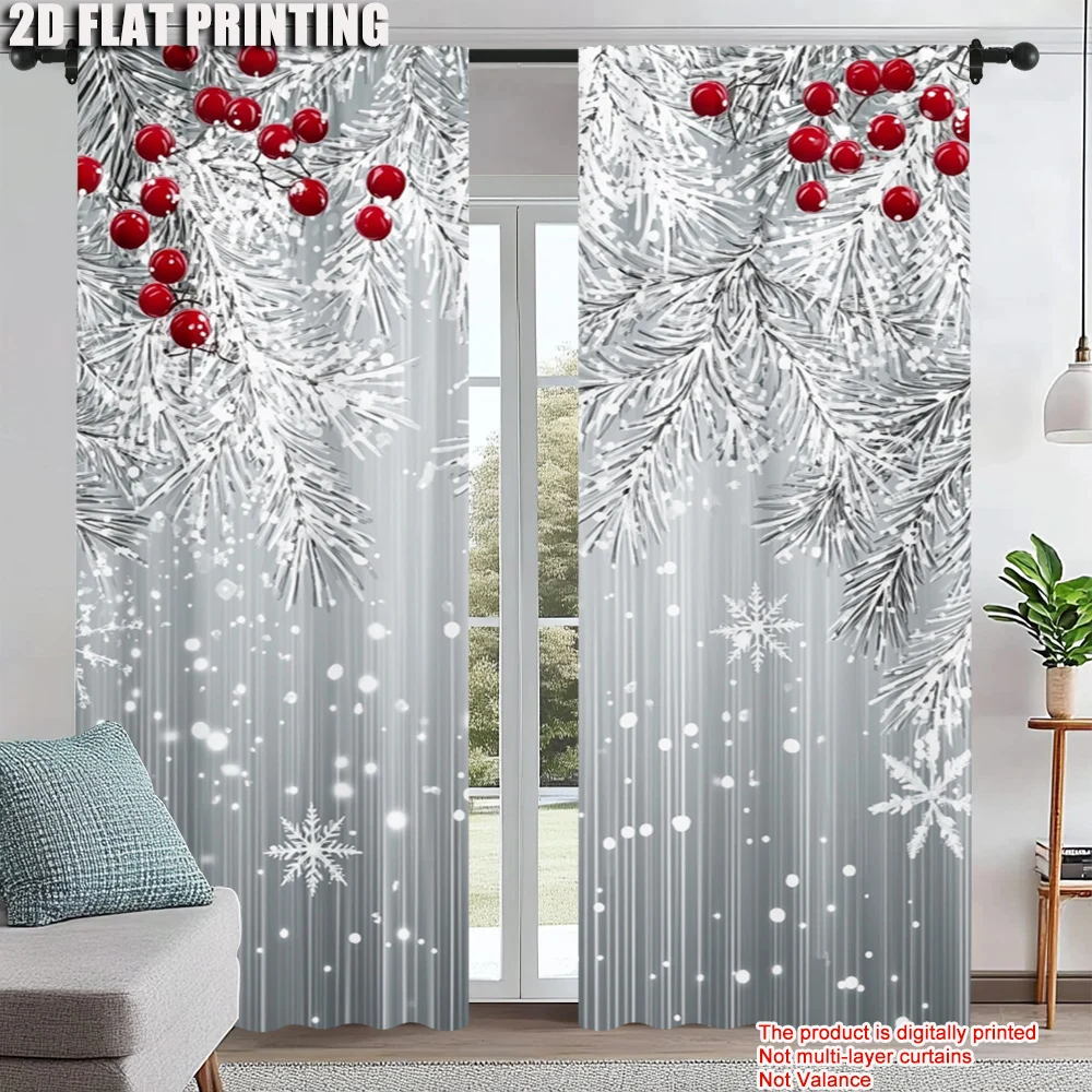 

2Pcs Christmas Snowflake And Red Berry Print Polyester Material Window Curtains Rod Pocket Design For Easy Hanging Perfect For