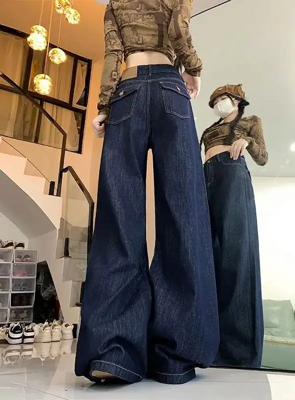 American Retro Wide-Leg Jeans Women 2024 Autumn New High-Waist Slim Drape Loose Ins Long Floor-Length Pants