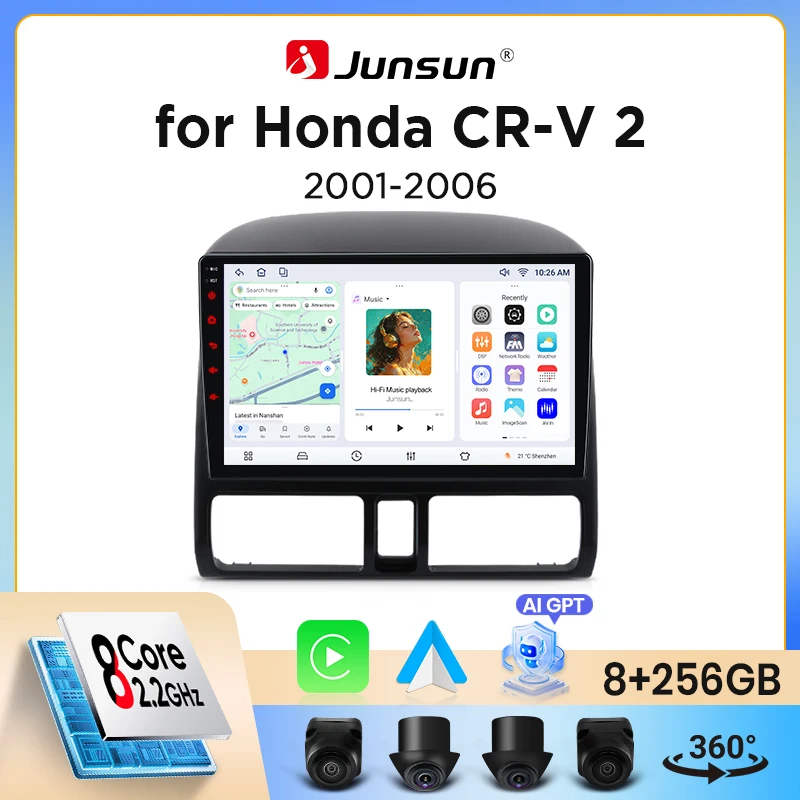 Image of Junsun Wireless CarPlay Android Auto Autoradio für Honda CR-V Mk2 (RD) 2001-2006 mit eingebautem Lüfter, Android GPS-Navigation, Multimedia-Player, WiFi, DSP, RDS, BT, SWC, IPS-Touchscreen, Autoradio,