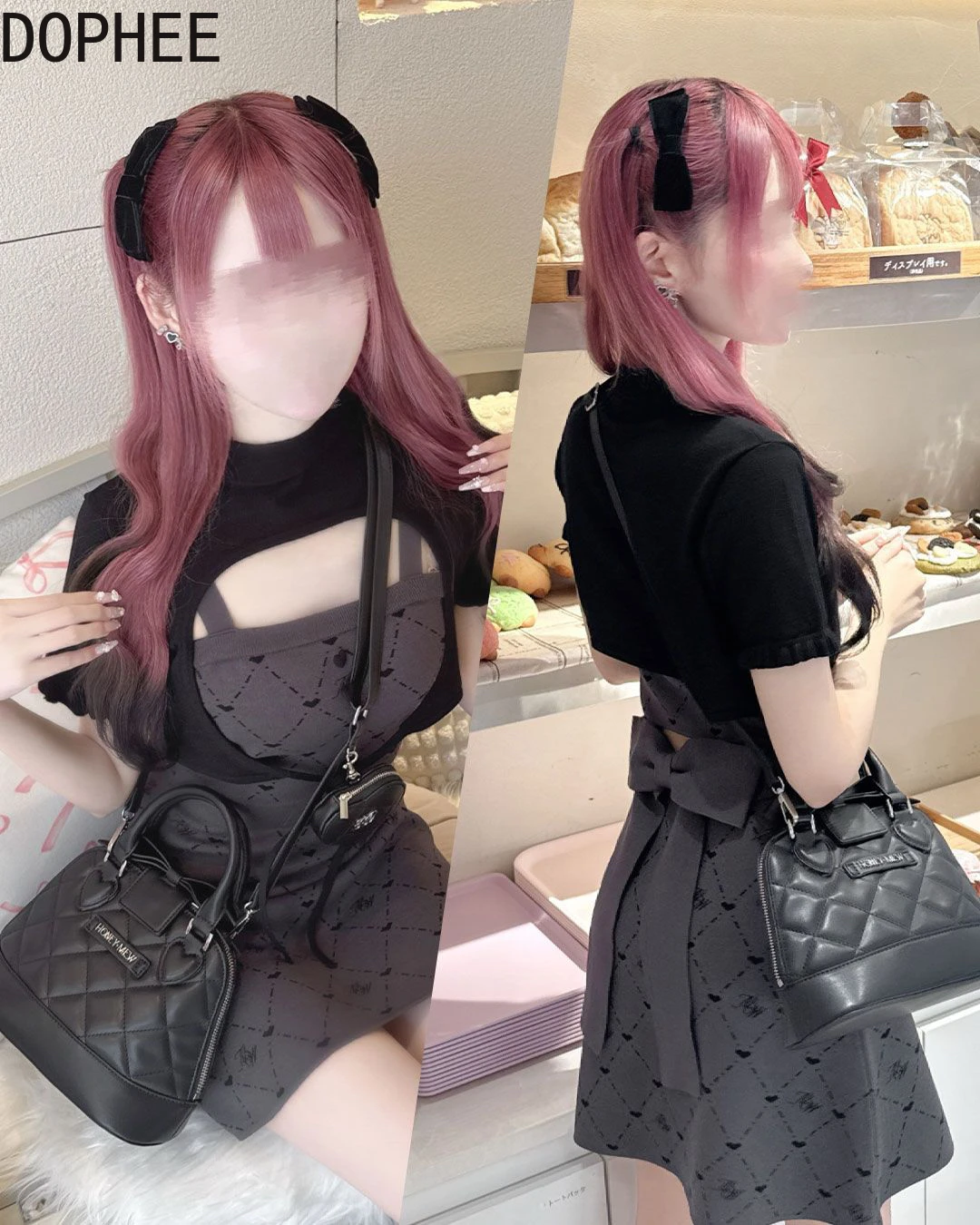 Japanese Sweet Princess Two-piece Set Hollow Out Love Short Sleeve Smock Top Cute Bow Jacquard Suspenders Short A-line Dress