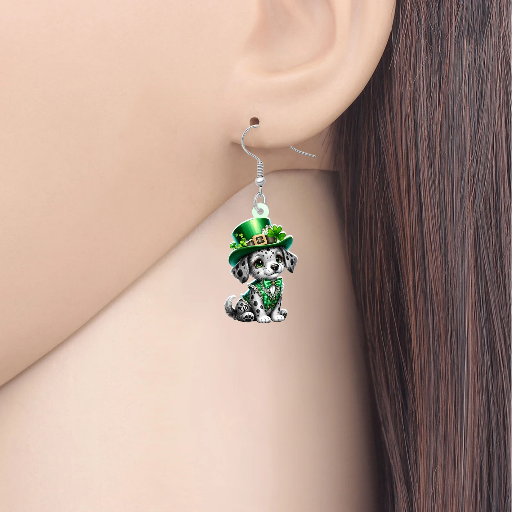 BONSNY Acrylic St Patrick Day Dalmatian Dog Earrings Green Shamrock Puppy Dangle Irish Holiday Jewelry Good Luck Gifts For Women
