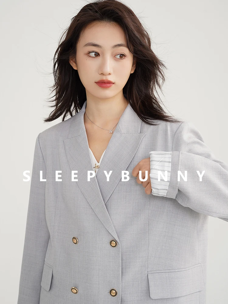 Double-Breasted Blazer and High-Waist Wide-Leg Trousers Set – Sophisticated Business Casual with Contrasting Cuff Detail