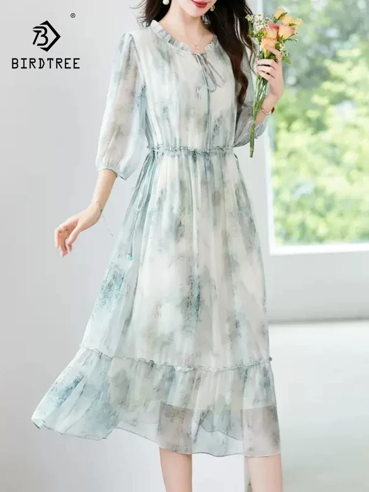 

BirdTree, 100%Real Silk Elegant Dress, Women 3/4 Sleeve Ruffled Edge Print, French Vacation Fairy Dresses, 2024 Summer D46609QC