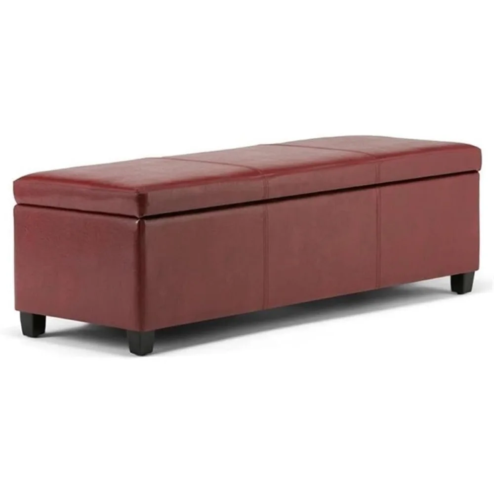 48 inch Wide Contemporary Rectangle Storage Ottoman Bench in Red Vegan Faux Leather, Assembled, for the Living Room