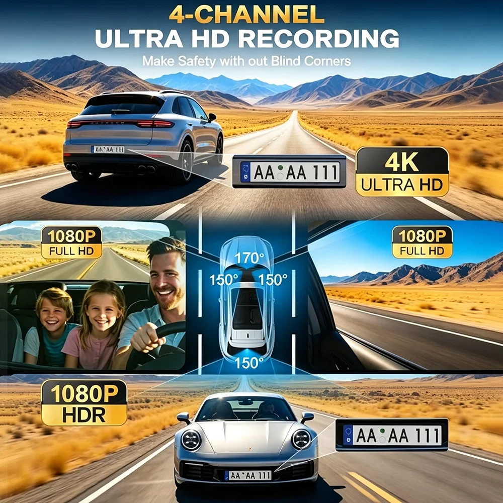 4K UHD Car Dash Cam 4 Channel WiFi DVR Black Box Super Night Vision 24H Parking Monitor G‑Sensor Emergency Lock Loop Recording