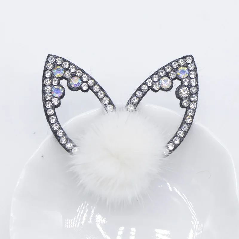 12Pcs Rhinestone Crystal Rabbit Ears with Mink Fur Ball Padded Patches Stick-on Shoes Garment Bags Hair Clips Accessories