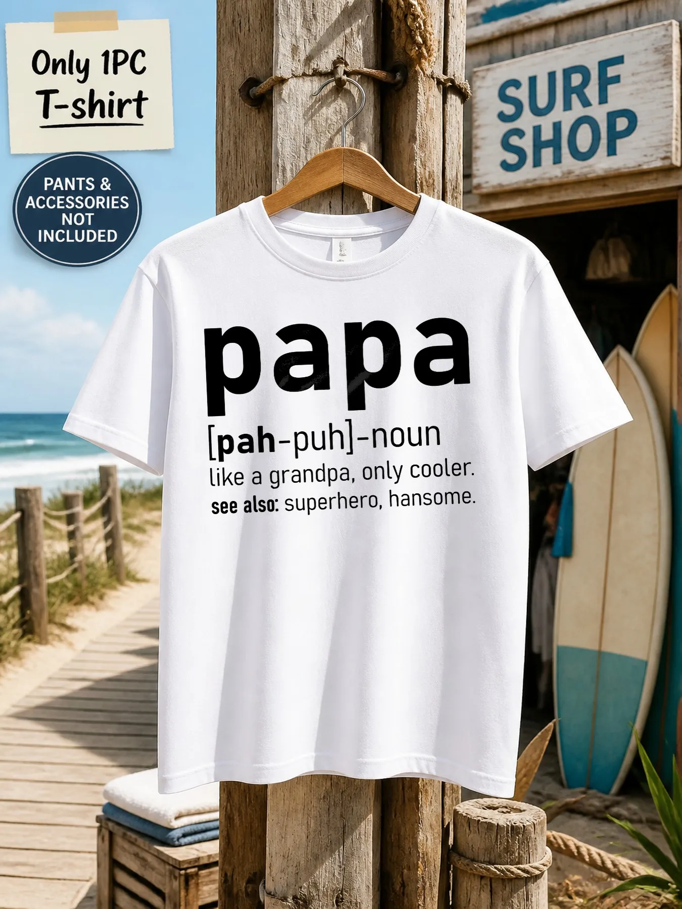 1pc Mens Graphic T Shirt Papa Definition Like A Grandpa Only Cooler Short Sleeve Crew Neck Gift for Papa Superhero Handsome[solely 1pc T-SHIRT]