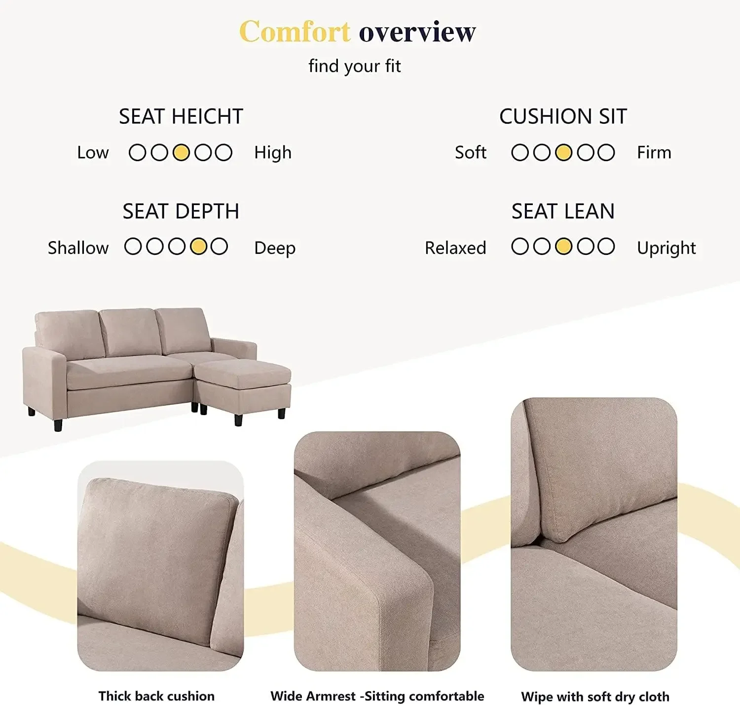 L-Shaped Convertible Couches for Living Room Furniture Sets 3 Piece Small Sofa, Modular Sectional Couch with Cloud Chaise