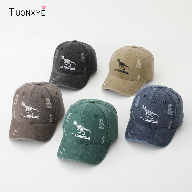 

TUONXYE Boys Washed Distressed Baseball Cap Vintage Dinosaur Skeleton Embroidery Teenagers Hat Adjustable Casual Sunscreen Hat