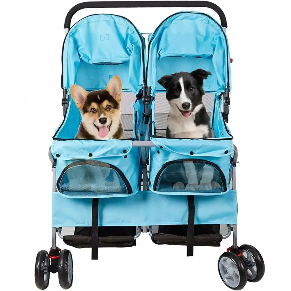 Double Decker Pet Stroller for Dogs and Cats, Versatile Travel Cart in Blue