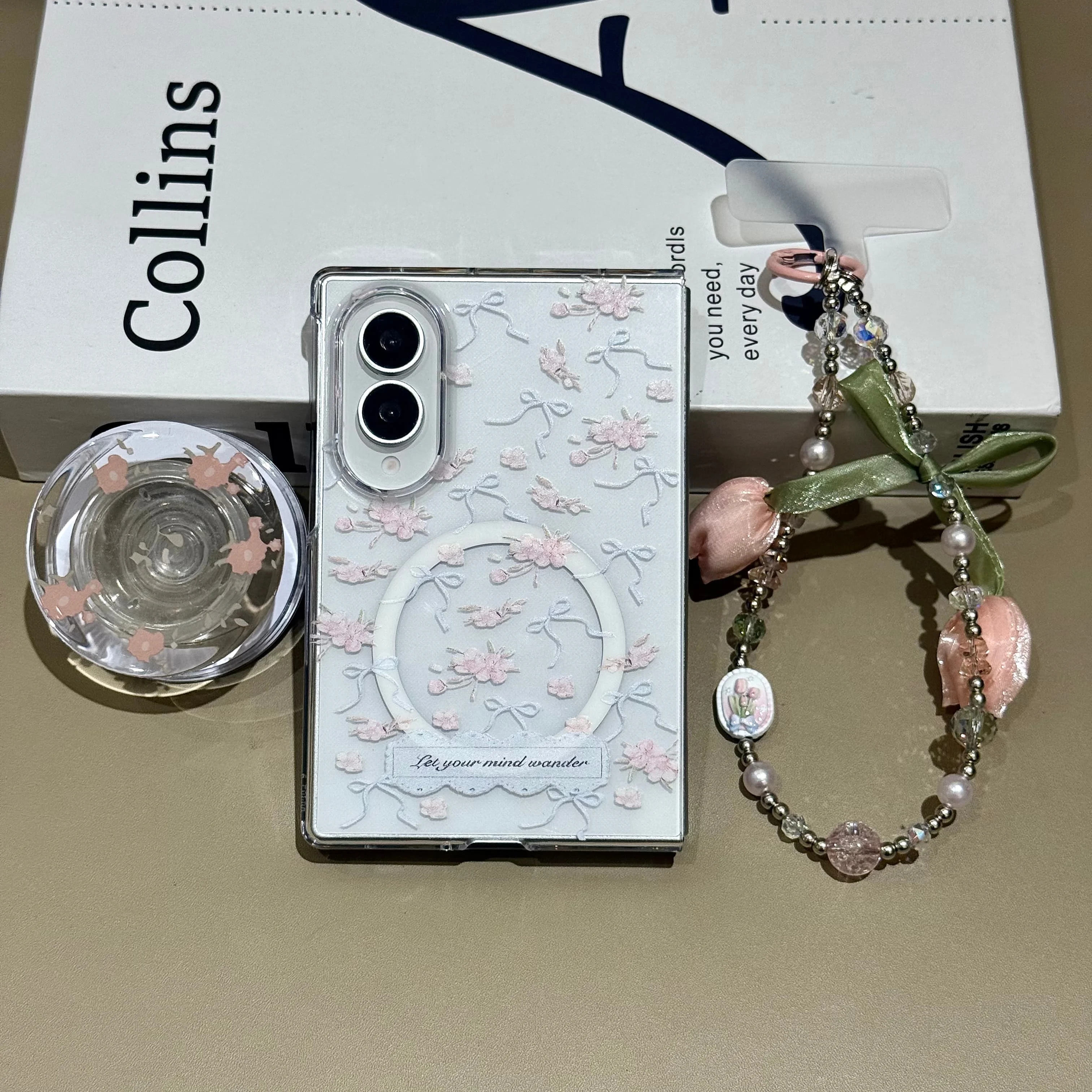 Korean Cute Coquette Floral Bow Magnetic Phone Case With Tulip Pearl Bead Chain For Samsung Galaxy Z Fold 8 7 6 5 4 Fold 8 Ultra