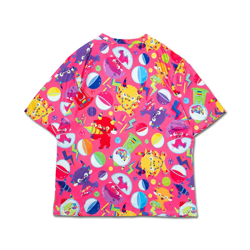 Harajuku-Dekorations-Mode-T-Shirt in Rosa mit Cartoon-Monster-Print, Locker Geschnittenes Japanisches Y2K Streetwear-Kleid für Erwachsene und Kinder – Detail 8