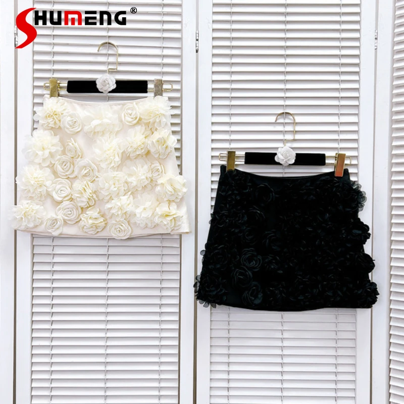 Spring Summer Three-Dimensional Rose Petals Decoration Skirts Age-Reducing Pure Desire Ins Hip-Wrapped Heavy Industry Mini Skirt