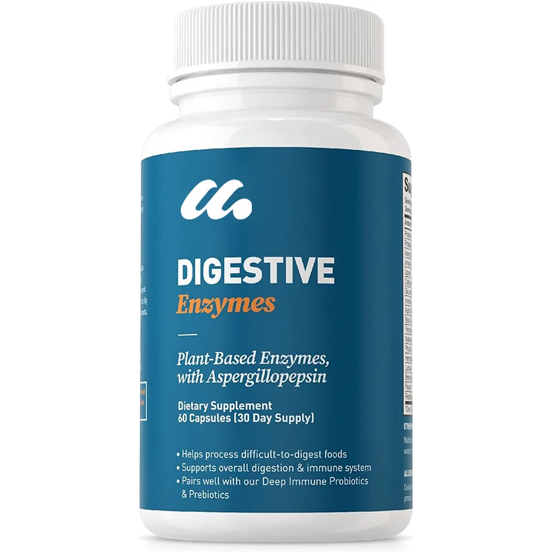 Digestive enzymes include amylase, bromelain, lipase, lactase, protease, papain, etc., in 60 capsules