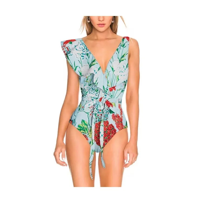 

2025 Woman Swimwear Green Retro One Piece With Wrap Skirt Swimsuit V Neck Bathing Suit Floral Print Bkini Beach Vacation Outfit