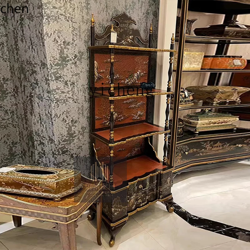 ZMLEuropean Style Art Hand-painted Layered Shelf French Gold Foil Decorative Shelf Villa Vintage Storage Display Shelf