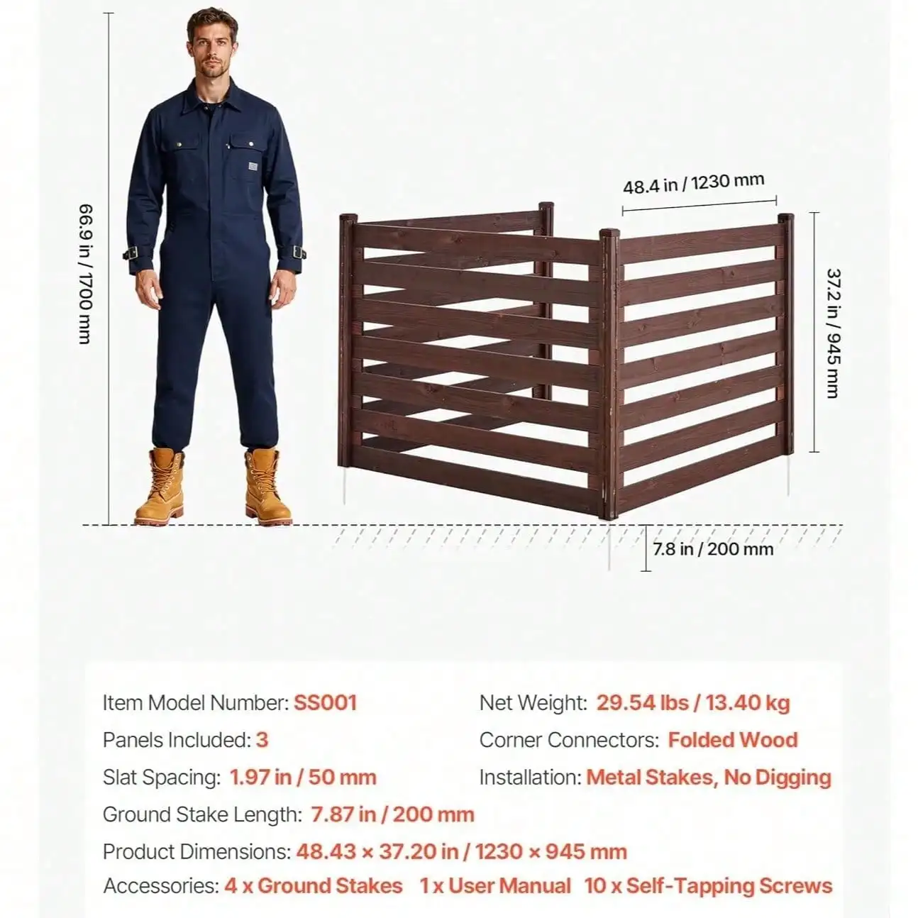 Wooden Privacy Fence, 48 X 37 Inch Air Conditioner Fence, 3 Panel Solid Outdoor Wood Privacy Screen With Metal Stakes, Steel Fra