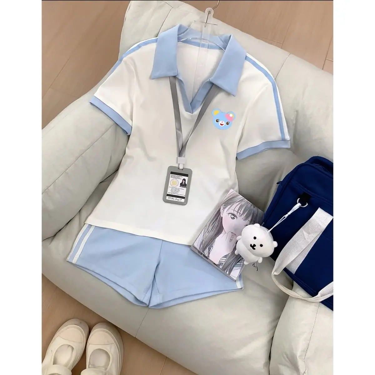 Japanese Sweet Academy Style Polo Shirt Women Light Blue White Contrast Trim Shorts Set Kawaii Harajuku Y2K Outfit Chic Retro