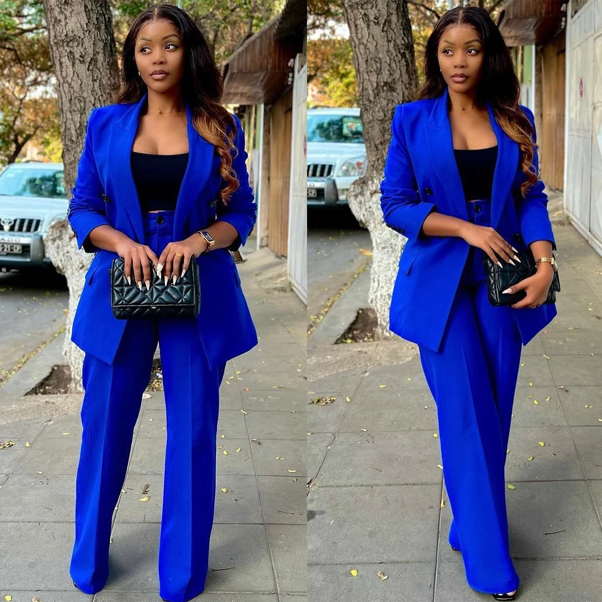 Elegant Royal Blue Women Suits Peaked Lapel Pocket Custom Made Blazers 2 Pieces Set (Jacket+Pants) Fashion Streetwear Daily Coat