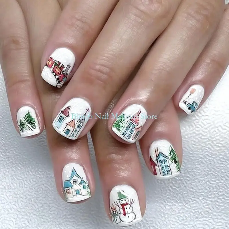 28TA Christmas Themed Press On 24PCS Set Snowflake Design White Artificial Blue Stripes Glitters Finish Comfort