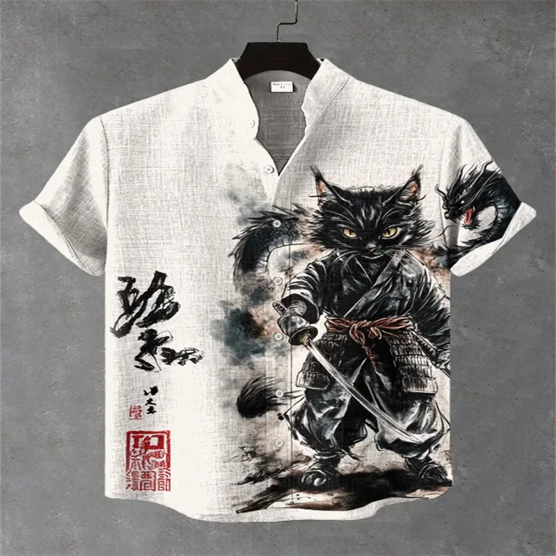 

Japanese style men's casual shirt cartoon hero cat, cherry blossom tree cat fashionable 3D men's and women's short sleeved top