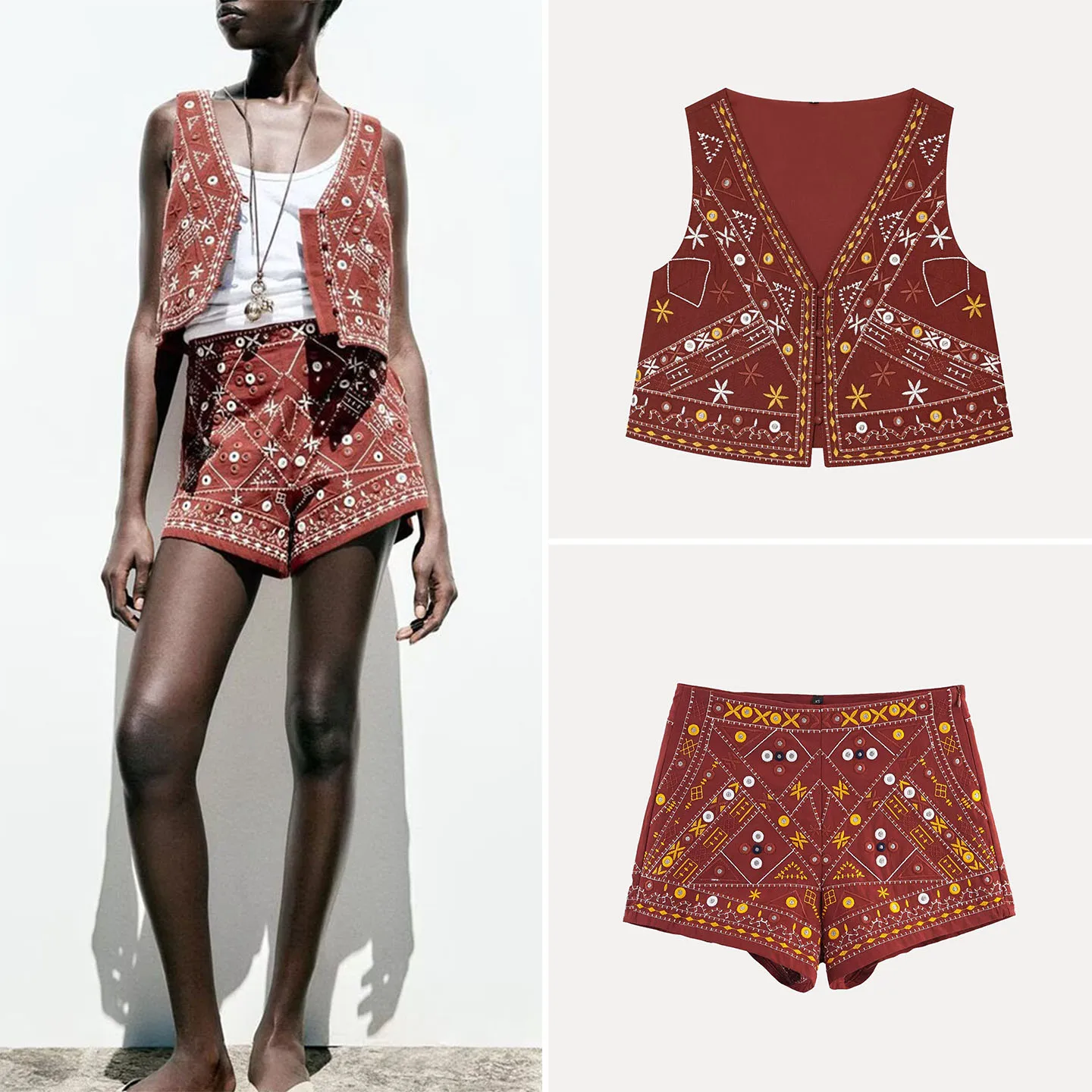 Women's Fashion Summer Set Mirror Effect Embroidery Decorative Vest And Short Pants Button Closure Short Sleeve V-Neck