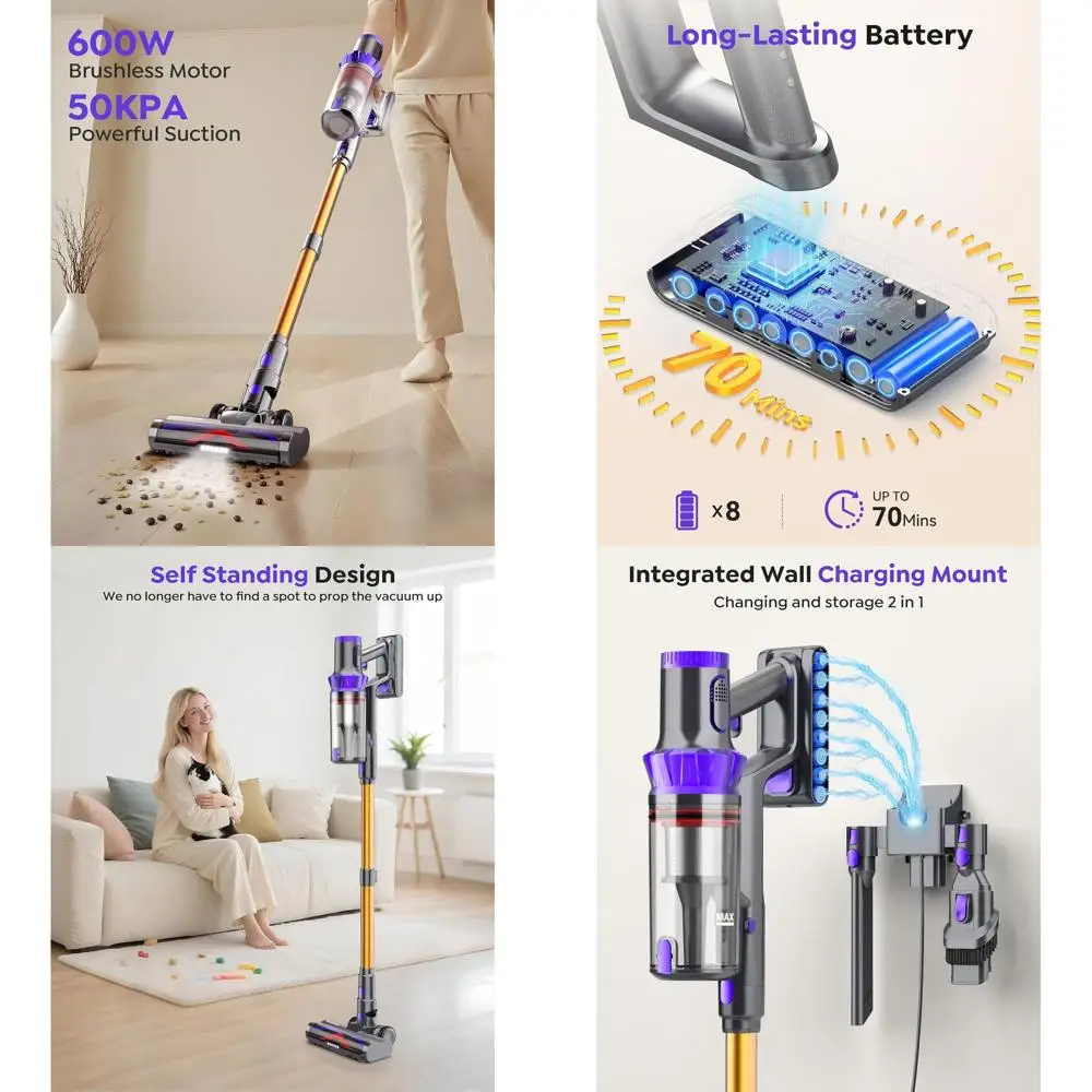 

600W 50KPA Cordless Vacuum: 70-Minute Runtime, Self-Standing with Dock, Removable Battery, OLED Display - Ideal for Home, Pet Ha