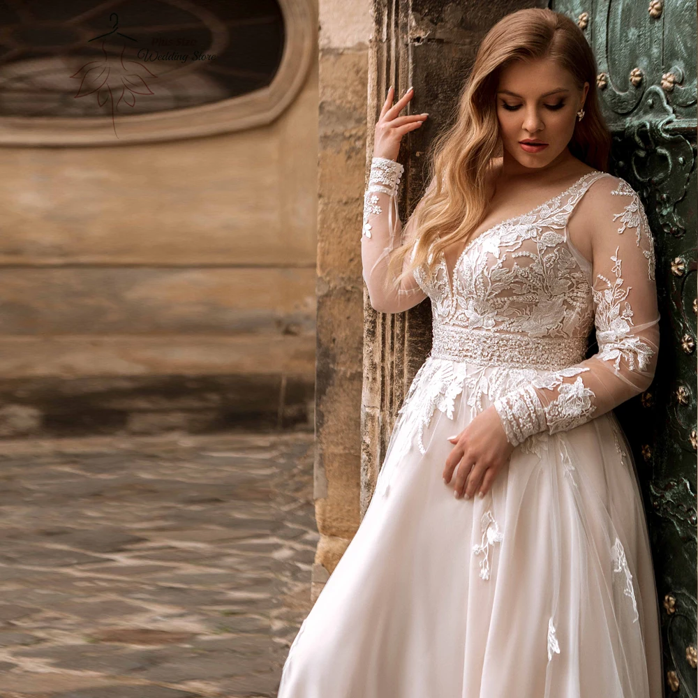 

Classic A-Line Wedding Dresses Plus Size V Neck Long Sleeves Bride Gowns Appliques Floor Length Tulle Robe De Mariee 2024