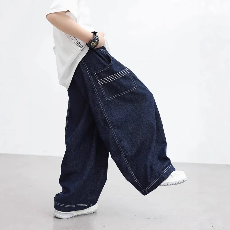 

2025 New Children's Summer Wear Cotton Thin Size Large Pocket Decoration Solid Color Wide Leg Jeans