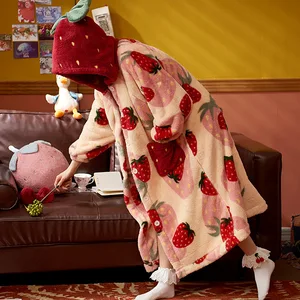 Thiết kế dâu tây nữ Pajama với mũ trùm đầu, áo choàng dài, áo khoác, dễ thương, quần áo nhà, đồ ngủ, kawaii, flanela, nóng, áo choàng tắm thoải mái, mùa đông 8 Quần áo bán hàng chính Felpudo - №6