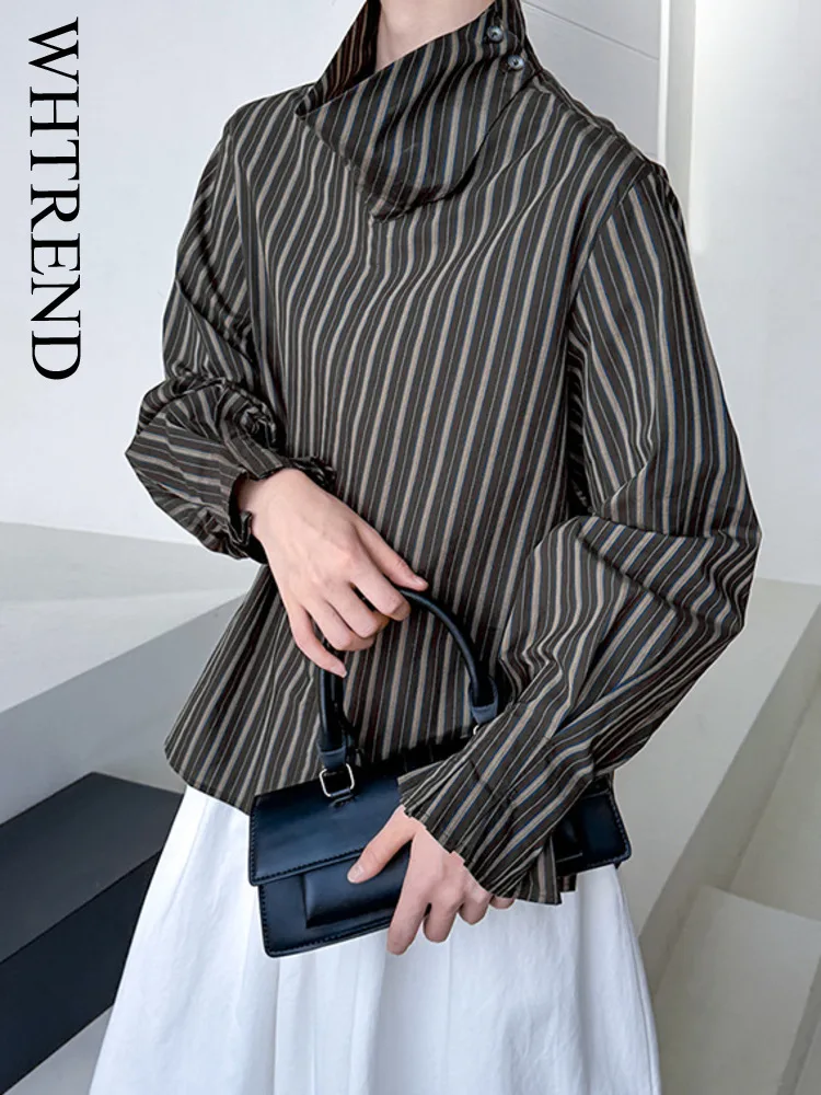 

WHTREND офисная женская универсальная полосатая рубашка для женщин с воротником-стойкой и длинными рукавами, новая модная шикарная рубашка на осень-зиму WH1829