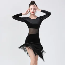 Latin Dance Costume Female Adult Tassel Dance Performance Mesh Splicing Dress Latin Dance Dress Fringe Dress