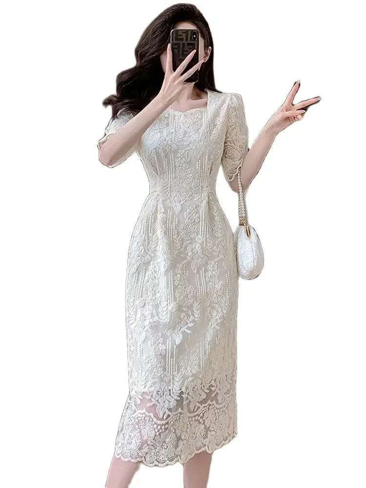 2024 Summer Elegant Flower Embroidery Dress Women Solid Color O-Neck Short Puff Sleeve Slim Waist Belt OL Party Dresses Vestidos