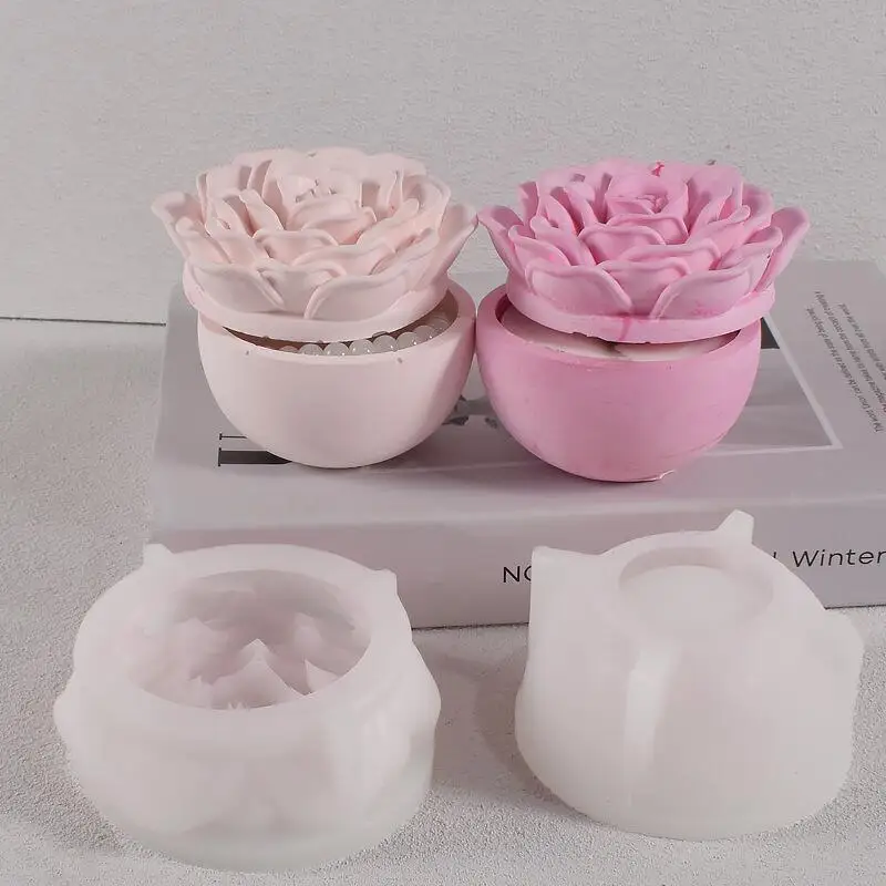 

3D Rose Flower Candle Jar Silicone Mold with Lid Peony Jewelry Storage Box Crafts Making Plaster Resin Casting Molds Home Decor