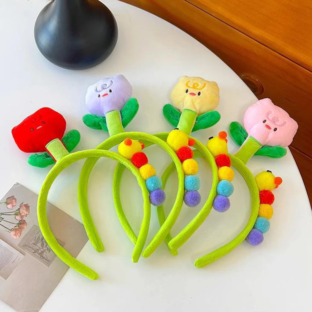 Creative Plush Colored Flower Caterpillar Hairbands For Girl Woman Cute Cartoon Children Hair Hoop Wash Face Make Up Headband