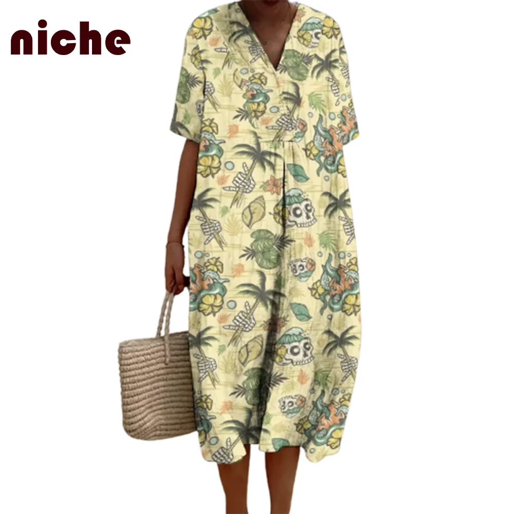 Vintage Outfit Ladies Dress Skull Flower Leaf Graphic Print High Quality Cotton And Linen Fashion Trend New Long Dress