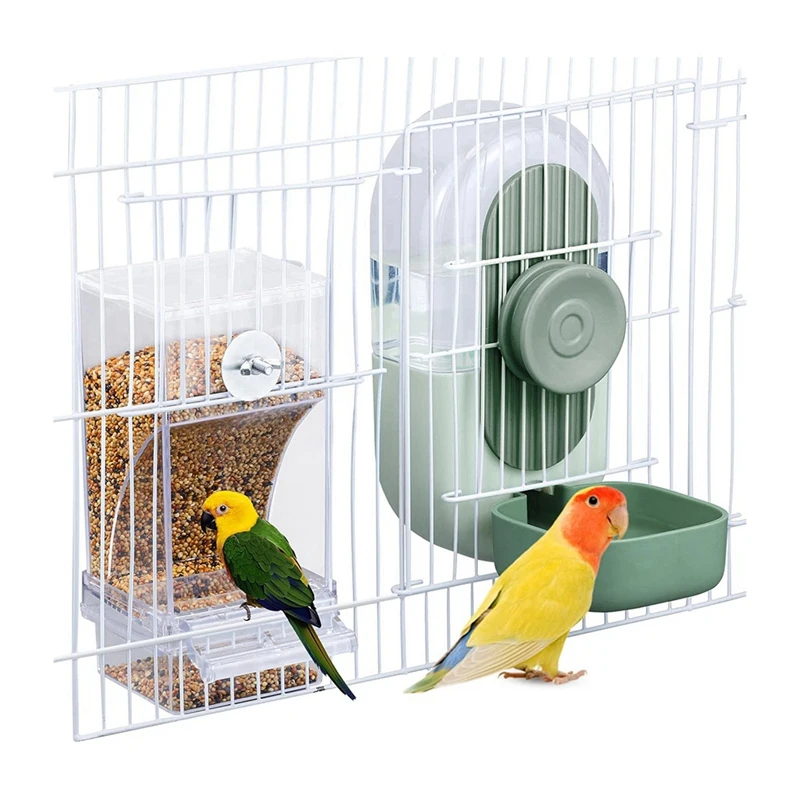 

No Mess Bird Feeder & Water Dispenser Set - Automatic Feeding & Hydration, Parakeet Cage Accessories For Parrots