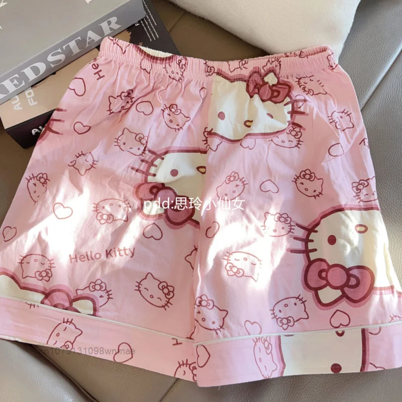 Sanrio Black Kuromi Hello Kitty Pink Pijamas Set Y2k Women\'s Casual Loose Summer 2 Pcs Pyjamas Suit Home Clothing