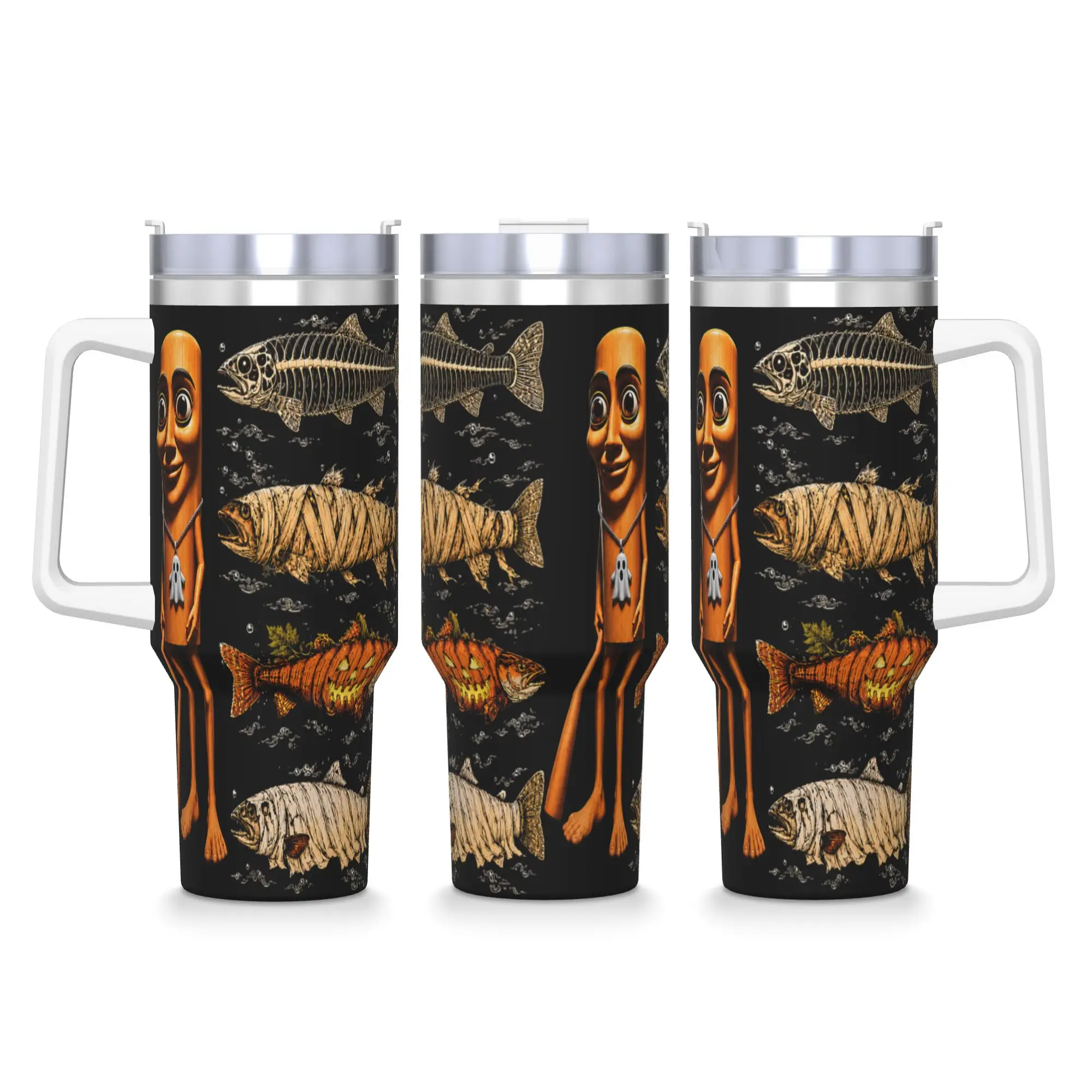 Tung Tung Tung Sahur Halloween Trout Ghost Pumpkin Skeleton Stainless Steel Tumbler Travel Coffee Mug With Straws Large Car Mugs