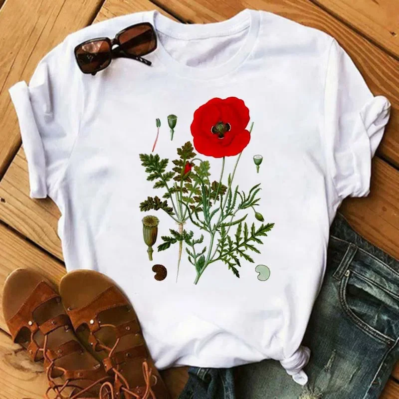 Ladies T Shirt Red Poppy Abstract Print Women T Shirt Summer Casual Tops Short Sleeve T-shirt O Neck Tee Fashion Shirts